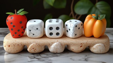 Colorful arrangement of a strawberry, dice, and a bell pepper on a decorative tray, perfect for playful and vibrant themes.