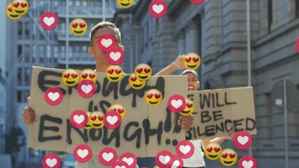 Poster - animation of media icons over biracial men with signs protesting