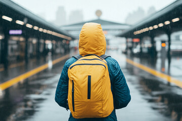 A traveler with a yellow backpack stands at a rainy station, waiting for a train amidst urban fog and wet pavement.