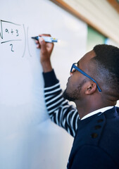 Poster - University, class and teacher writing on whiteboard for math lesson, learning and examination. Education, teaching and black man write equation for knowledge, assignment and studying in college