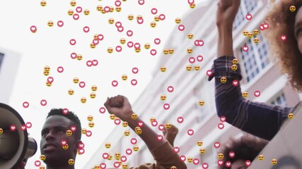 Poster - Animation of media icons over biracial people with signs protesting