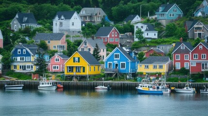 Scenic coastal town with colorful houses and fishing boats