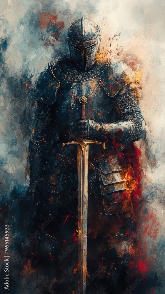 Knight Rendered England Knight rendered in watercolor style, capturing the fluidity and texture ...