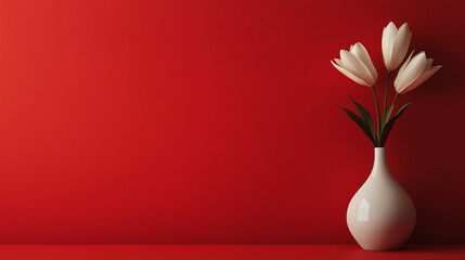 Sticker - A simple vase filled with white tulips stands elegantly against a bold red wall, adding a touch of freshness and color to the room, copy space