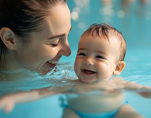 A joyful mother and her baby share a delightful moment in a pool, capturing the essence of love and happiness in water.