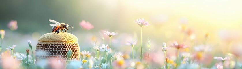 Canvas Print - Honeybee on a Honeycomb in a Field of Flowers.