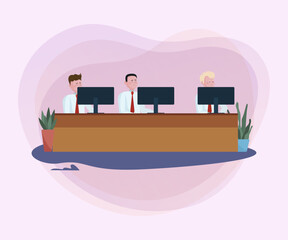 Wall Mural - Bank managers working at computers. Employee providing service online flat vector illustration. Consulting, banking, support, finance concept for banner or website design