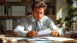 © KN Studio - Focused Executive Analyzing Documents in Sunlit Office