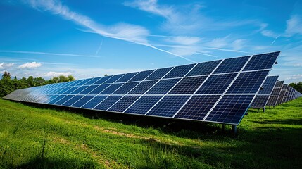 A row of solar panels are lined up in a field