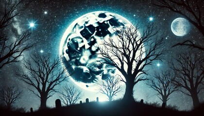 Wall Mural - Detailed and focused image of silhouetted trees reaching towards a bright, full moon in a starry sky.