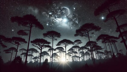 Detailed and focused image of silhouetted trees under a sky dominated by a bright star cluster.