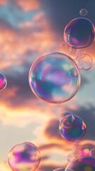 Aufkleber - Colorful soap bubbles floating against a vibrant sunset sky