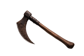 A vintage sickle with a wooden handle, perfect for agricultural themes or rustic designs.