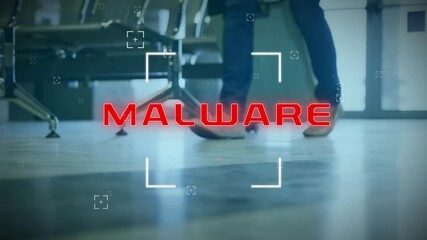 Poster - Animation of malware text over business people walking with luggage