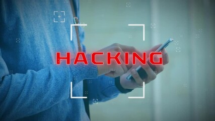 Poster - Animation of hacking text over caucasian man using smartphone