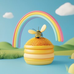 Wall Mural - Bee on Honeycomb under Rainbow.