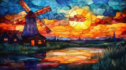 Stained glass countryside landscape with windmill at sunset