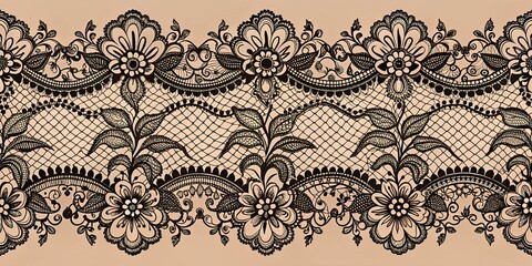 Wall Mural - Black Lace Floral Pattern on Beige Background, floral, pattern, lace