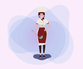 Female cook in uniform with ladle. Restaurant staff flat vector illustration. Cooking, catering, kitchen, occupation concept for banner or website design