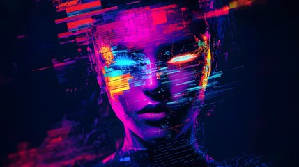 Glitch Art Woman Abstract Portrait Cyberpunk Neon Colors