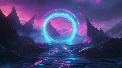 Poster - Neon Blue and Pink Ring Portal in Futuristic Landscape