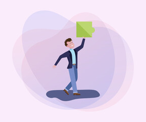 Wall Mural - happy businessman with puzzle piece. office employee going to connect puzzle flat vector illustratio