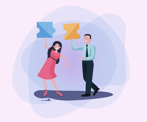 Wall Mural - happy man and woman with puzzle pieces dancing. business team enjoying office party flat vector illu