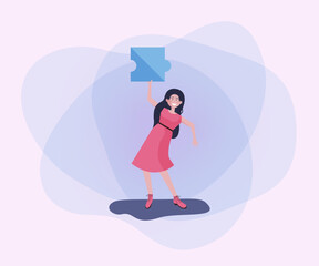 Wall Mural - happy woman holding puzzle piece. office employee going to connect puzzle flat vector illustration. 