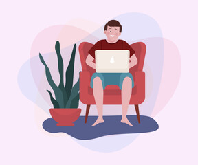 Wall Mural - Man sitting in armchair and using laptop at home. Freelancer, leisure flat vector illustration. Wireless internet, freelance, communication concept for banner or website design