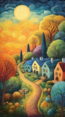 Wall Mural - Magical Forest Village with Moonlit Path and Colorful Houses