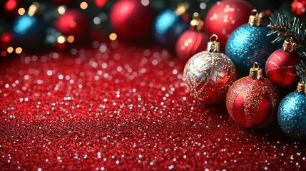 Wall Mural - Colorful Christmas ornaments resting on a sparkling red surface with festive lights in the background during the holiday season