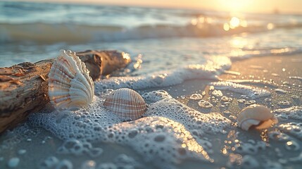 Wall Mural - A shell and a log are on the beach