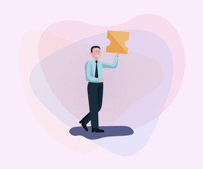 Wall Mural - smiling businessman holding puzzle piece. man in formal wear going to connect puzzle flat vector ill