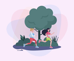 Wall Mural - Sportswomen running marathon vector illustration. Athletes jogging in park. Activity, lifestyle, morning, competition concept for banner, web design or landing page