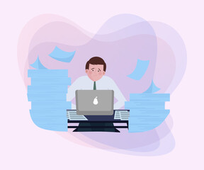 Poster - Stressed office employee working on laptop among piles of papers. Document stacks, reports, archive flat vector illustration. Paperwork, overwork, accounting concept for banner, website design or land