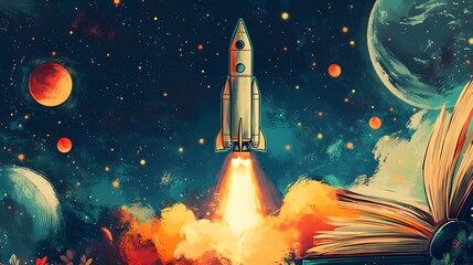 Wall Mural - Rocket Launch from an Open Book into Space