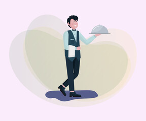 Wall Mural - Waiter serving dish. Restaurant staff flat vector illustration. Cooking, catering, occupation concept for banner, website design or landing page