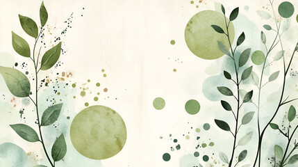 A soothing abstract illustration featuring slender green branches with leaves set against a soft textured background Large green circles and splashes of watercolor Ai generative