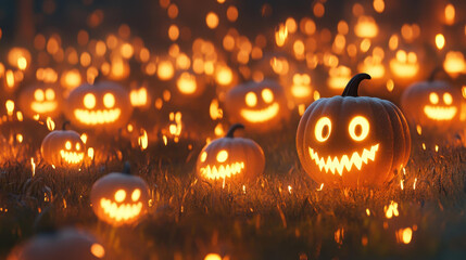 Wall Mural - A vibrant field filled with glowing jackolanterns creates a magical fall evening atmosphere.