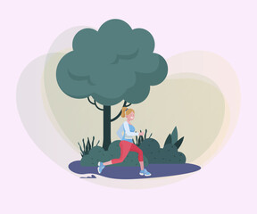 Wall Mural - Young sporty woman running marathon. Athlete jogging in park vector illustration. Activity, lifestyle, morning, competition concept for banner design or landing page