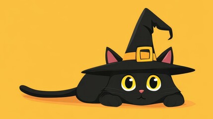 Wall Mural - A playful black cat dons a spooky Halloween hat, lounging comfortably on a crisp floor with a clean backdrop.