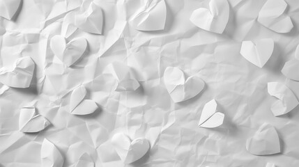 Wall Mural - White crumpled paper with small white hearts scattered on top, creating a soft, romantic feel, representing love, simplicity, and delicate textures.