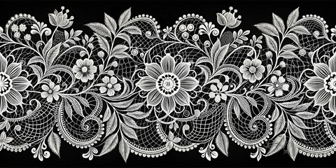 Wall Mural - Elegant White Lace Floral Pattern on Black Background, Lace, Floral, Pattern