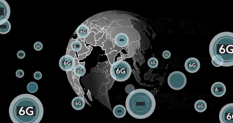 Poster - Animation of 5g and 6g text and data processing over globe