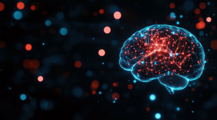 Poster - A brain with red and blue lines is shown in a black background. The brain is surrounded by a lot of dots, which gives the impression of a computer-generated image