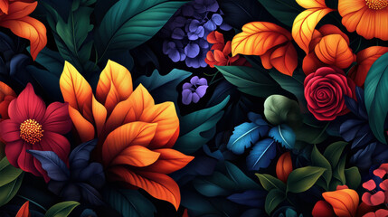 Poster - A colorful flowery background with a few red roses in the foreground. The flowers are vibrant and lively, creating a cheerful and uplifting mood