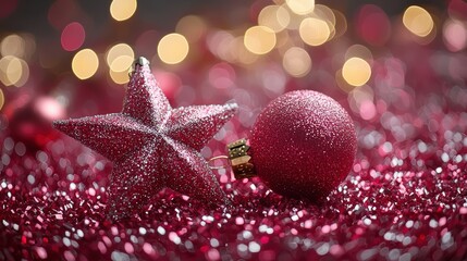 Poster - Decorative pink glitter star and ball ornaments on shiny festive background with soft bokeh lights during holiday season