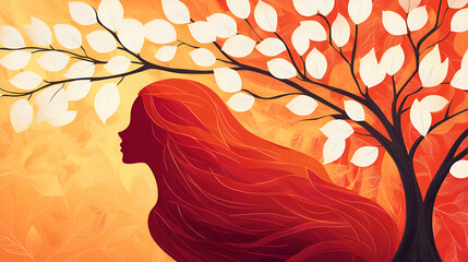 A stylized woman in profile with flowing red hair merges with a trees white leaves set against a vibrant abstract orange and red background Ai generative