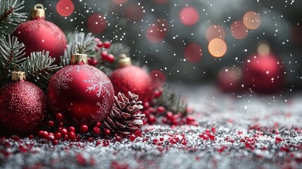 Wall Mural - Festive red ornaments and pine cones scattered on snowy ground with soft bokeh lights creating a warm holiday atmosphere