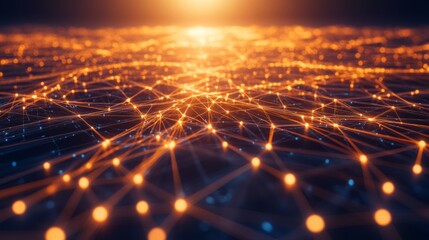 Fototapete - An electrifying network design of interlinked nodes glowing with multicolored light against a shadowy background.